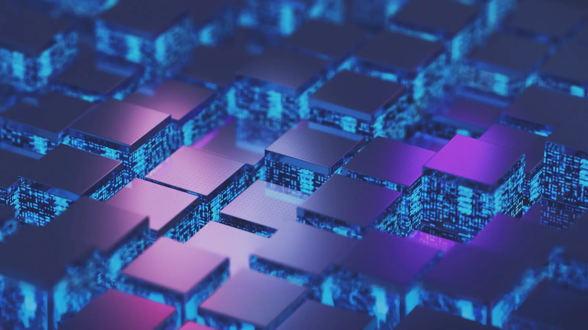 Abstract 3D grid of glowing blue and purple digital cubes resembling circuitry or a futuristic cityscape
