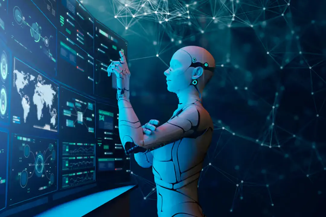 Analytics interface showing data, maps, and charts illustrating artificial intelligence and data science